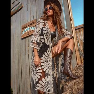 Embroidered Mesh Long Kimono